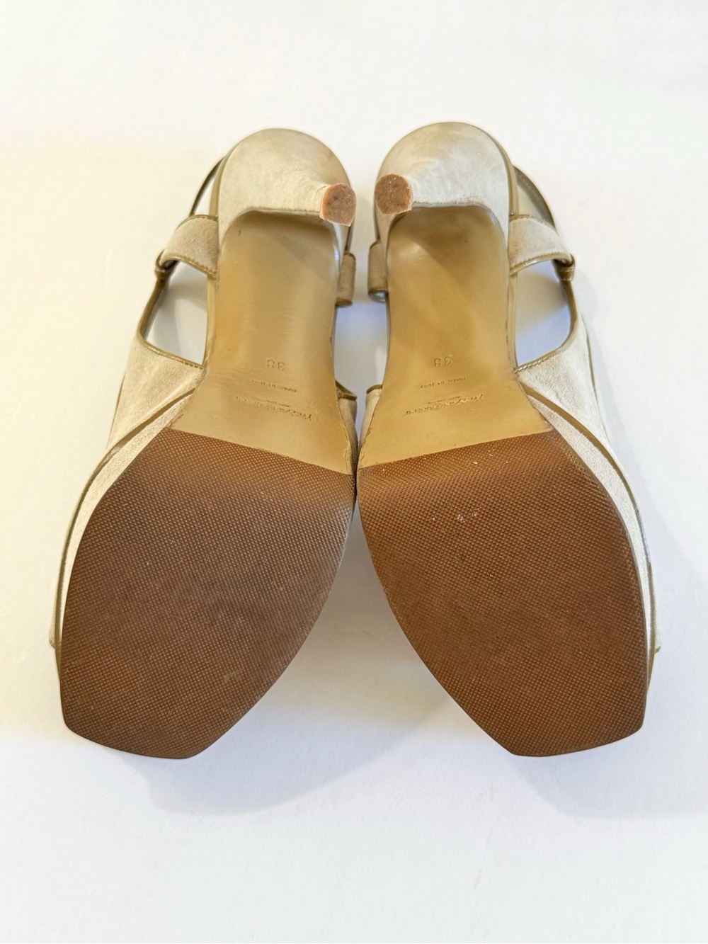 YSL YVES SAINT LAURENT GRAY SUEDE GREEN TRIM PLATFORM TRIBUTE SLINGBACK HEELS - Picture 6 of 13